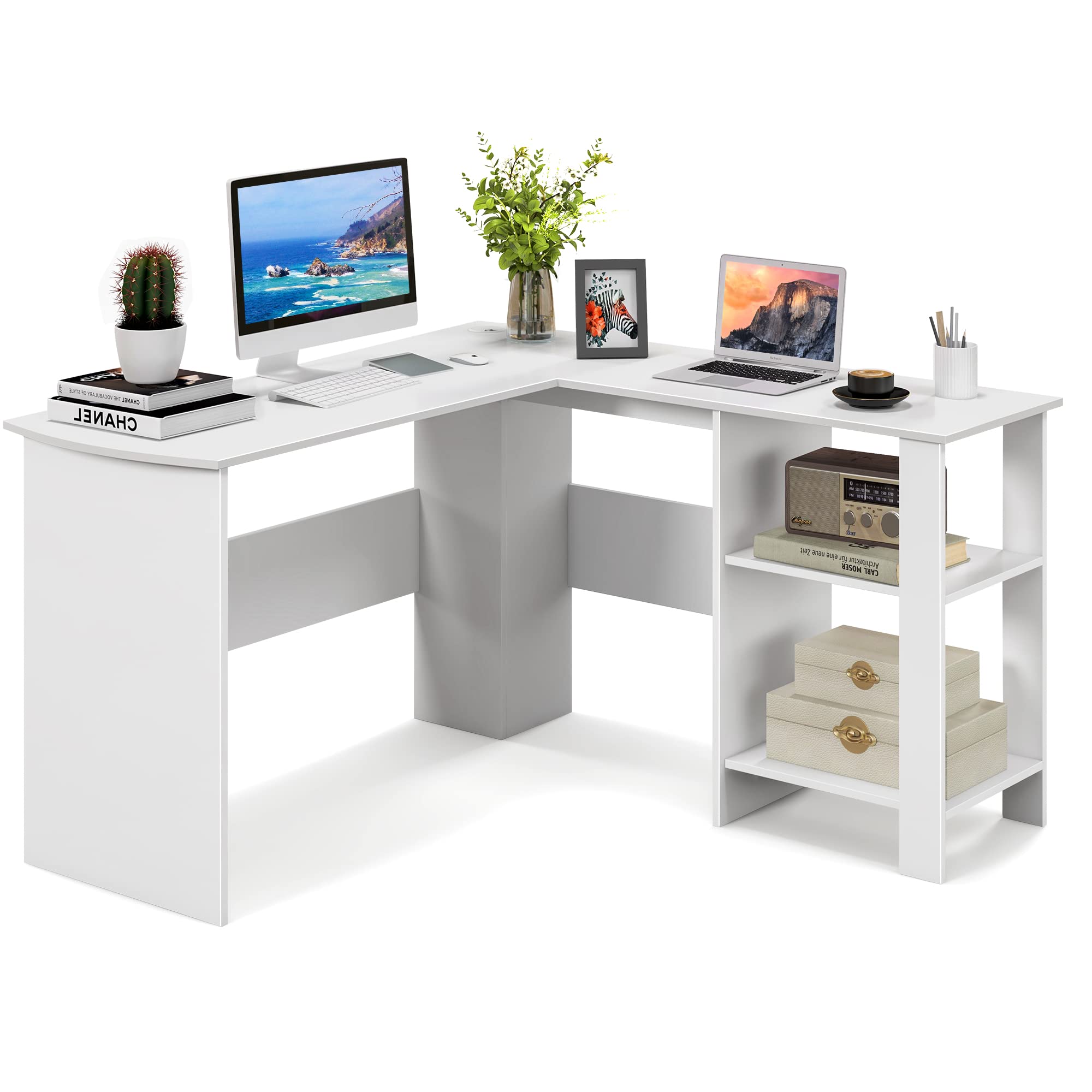 Tangkula White L Shaped Desk with Storage Shelves